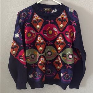 Vintage 90s y2k purple Crew Neck Sweater with Geometric Floral Pattern